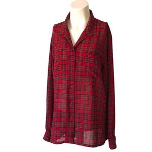 Vintage semi-sheer LizSport plaid button down shirt size large